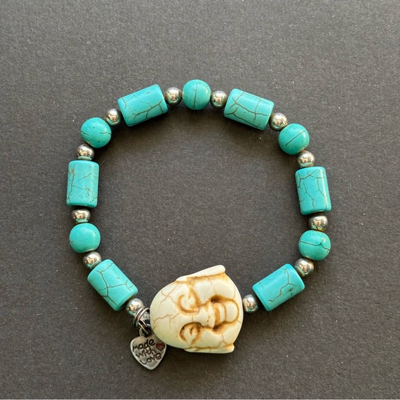 ReMixed Jewelry - Howlite Buddha Charm Bracelet Turquoise Cream Beaded Handmade